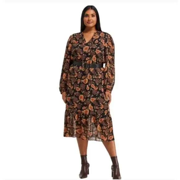 NWT Estelle Womens 1X Golden Blooms Shift Dress Floral Long Sleeve Belted Black - Picture 1 of 12
